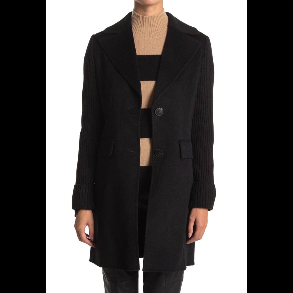 Tahari-Anna Knit Sleeve Wool Blend Coat, black, M
